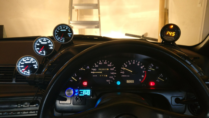 Gauge setup. Bottom two on left are not dimming when lights come on, working on that.